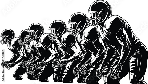 American Football Players Lined Up in Black and White Silhouette Style team sport