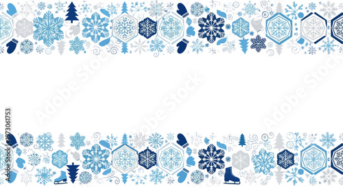 Winter-themed border with snowflakes, mittens, trees, and ice skates