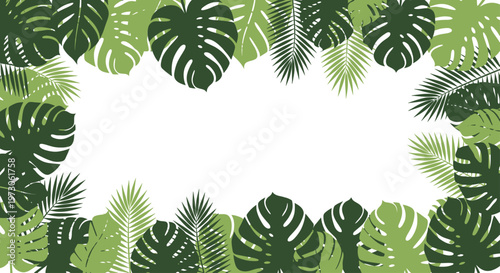 Decorative frame of lush green tropical leaves on white