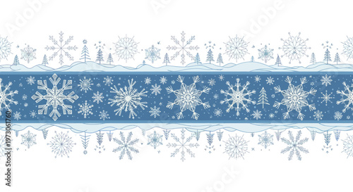 Border with intricate snowflakes and snow-covered trees in blue and white