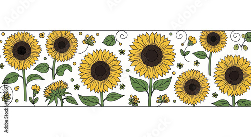 A cheerful border of sunflowers and small green flowers on a white background