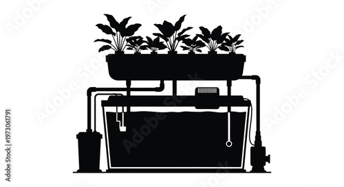 Aquaponics system diagram showing tank grow bed and pump silhouette