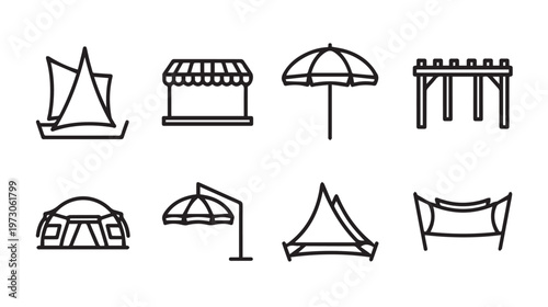 Outdoor Shelter Icons: Tent Sailboat Booth Umbrella Pergola Hammock