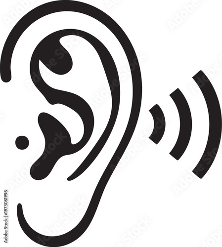 vector illustration of a human ear icon, with three distinct sound waves (listening symbol) on the right side. Clean, modern, high-contrast black and white,