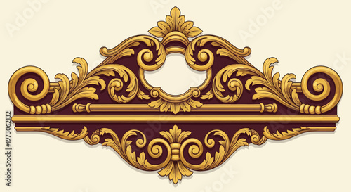Konstfotografi Ornate golden baroque scrollwork adorns a deep maroon decorative element