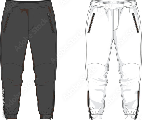 Technical fashion flat sketch of men's jogger pants and sweatpants featuring zipper pockets and cuff details for apparel design and manufacturing mockup.
