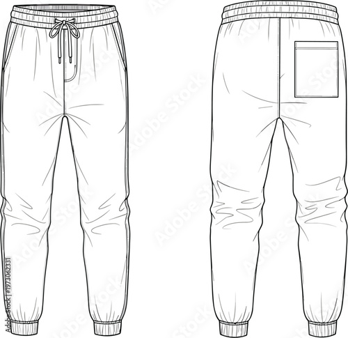 Technical Fashion Flat Sketch of Unisex Jogger Sweatpants Featuring Elastic Waistband Drawstring and Back Pocket for Apparel Design Tech Pack Vector Templates