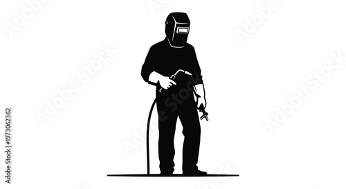 Welder with equipment standing pose depicted in striking black silhouette