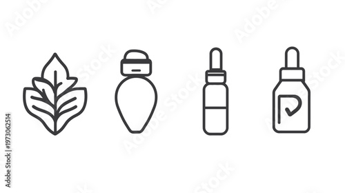 Four black outlined icons a leaf, a bottle, a dropper, and a bottle with letter