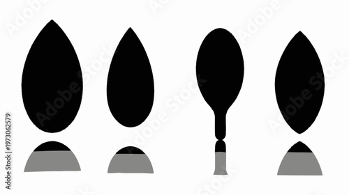 Four abstract forms, each composed of a black teardrop shape over a gray and black curved segment