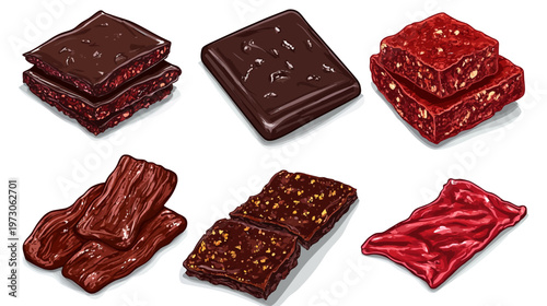 Artistic depiction of various types of food products and treats, presented on a white background