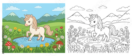 Cute Cartoon Unicorn Standing in a Pond with Water Ripples.