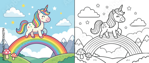 Cute Cartoon Unicorn Standing on a Rainbow with Coloring Page Option.