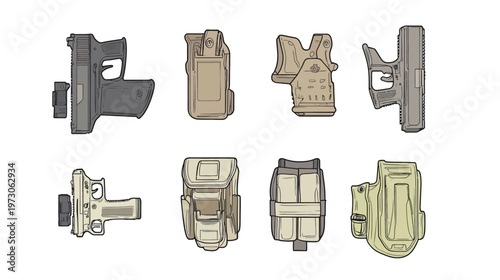 Artistic depiction of various handguns and holsters, featuring a detailed cartoon-style illustration