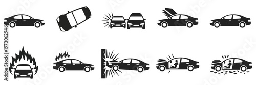Car Accident Icon Set, Vehicle Crash Symbols Collection, Road Collision Warning Signs, Damaged Car Graphics, Traffic Incident Icons, Safety Concept Vector Illustration for Insurance and Emergency