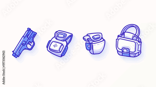 A stylized illustration featuring a gun and other equipment in a playful, cartoon-like manner