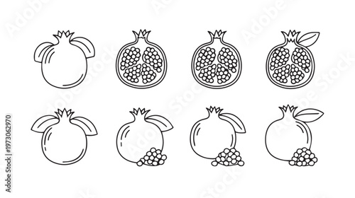 Pomegranate Icons Set: Whole Halved and With Seeds Simple Line Art