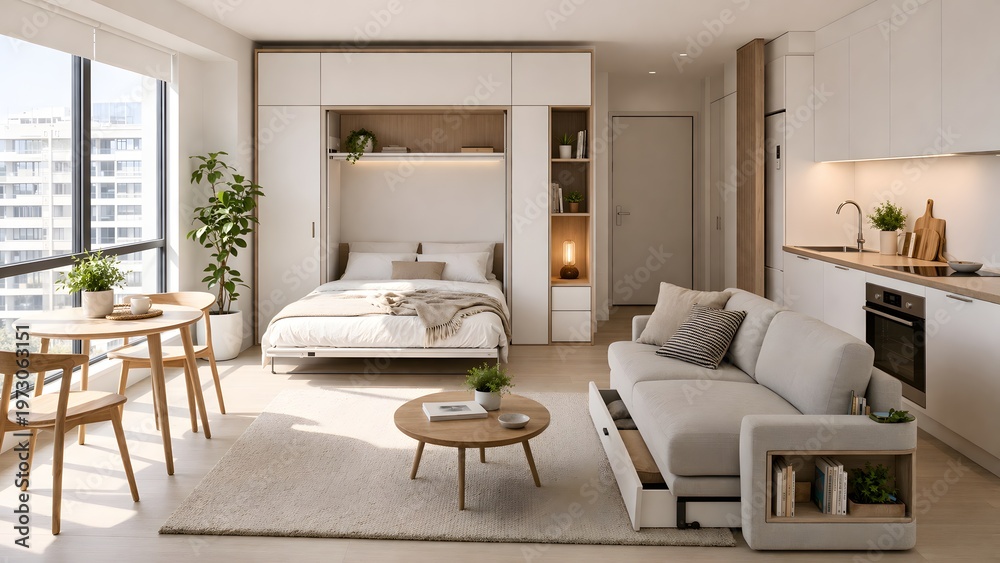 Fototapeta premium Bright studio apartment featuring smart furniture for small space living