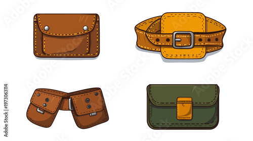 Four cartoon-style illustrations of leather accessories a pouch, belt, a double pouch, and a small bag