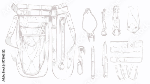 A collection of various tools and a pouch, rendered in a sketched style, all in muted tones