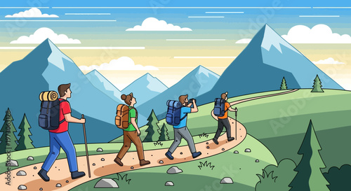 Group of hikers trekking on mountain path with backpacks and trekking poles, scenic landscape.