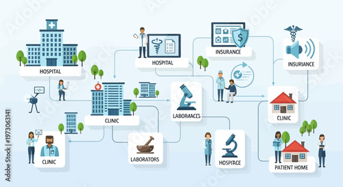Healthcare Network Flowchart: Hospitals, Clinics, Labs, Insurance, Patient Care