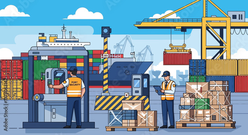 Cargo port with workers, containers, ship, crane and loading operations