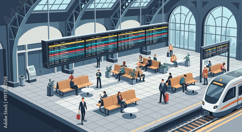 Train Station Waiting Area with Digital Schedules and Passengers