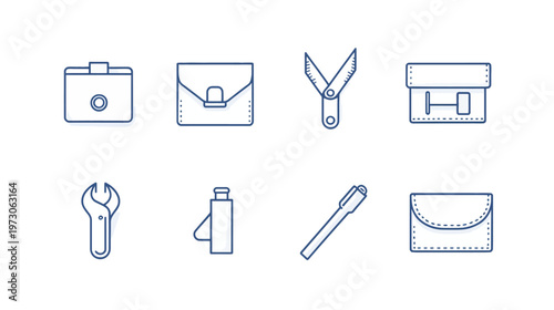 Collection of stylized blue line art icons of tools and accessories on a bright white background