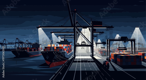 Industrial Port at Night with Cargo Ships and Cranes