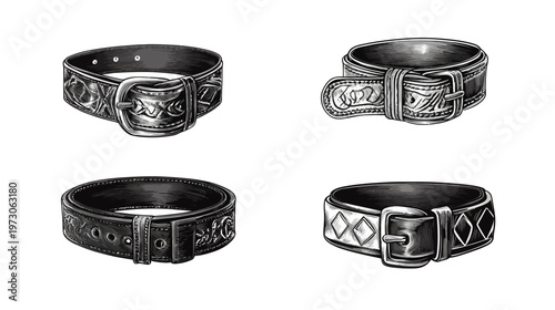 Four stylized grayscale illustrations of belts with buckles and various decorative details