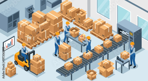 Warehouse logistics isometric view: workers and conveyor belt with boxes, forklift, machinery