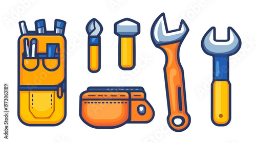 A collection of stylized tools, a tool belt, and a pouch, presented with bold colors