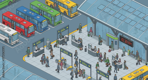 Pixel Art Bus Station with Travelers and Vehicles