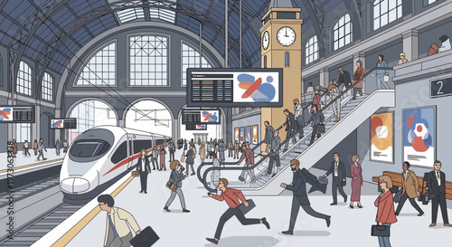 Busy Train Station with Passengers, Escalators, and Modern Train
