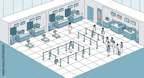 Isometric airport check-in counter with people queuing and staff assisting