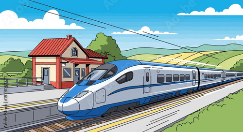 Modern high-speed train arriving at a picturesque rural station, blue and white, moving fast.