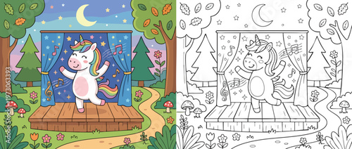 Cute Unicorn Character Dancing on Stage at Night.