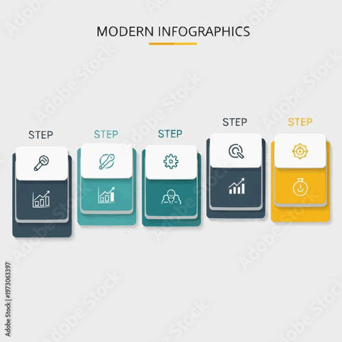 Modern infographic template featuring five colorful vertical stages for professional business data presentation and planning