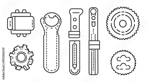 Collection of industrial tools and gears, rendered in a simple, minimalist line art style