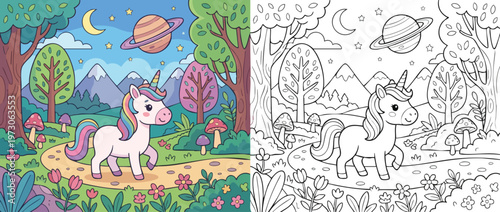 Cute Unicorn Coloring Page for Children.