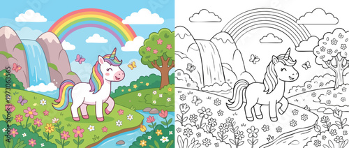 Cute Unicorn Coloring Page with Rainbow and Magical Landscape.