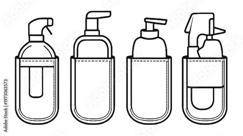 Black and white line art of four different cosmetic or cleaning product containers