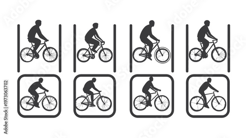 Black and white illustration of cyclists on bicycles in silhouette. Variations shown
