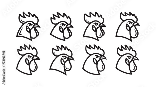 Rooster Head Icons Set Outline Farm Bird Graphics Livestock Poultry Symbols Minimalist Vector Art
