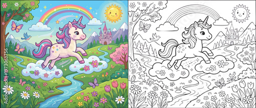 Cute Unicorn Flying on Clouds in a Magical Fantasy Landscape with Rainbow.