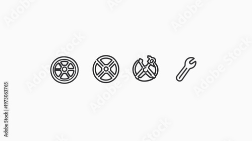 A white background hosts four black outline illustrations two wheels, a wheel with wrench, and a wrench