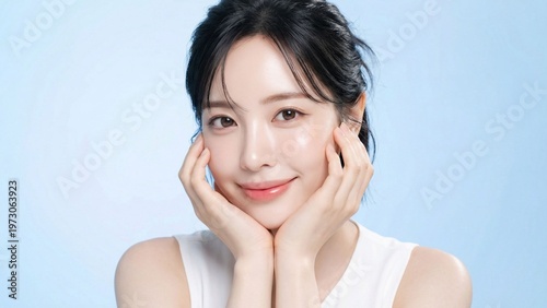 明るいブルー背景で両手を頬に添えて微笑む若い女性の、透明感ある素肌美を訴求したスキンケア広告向けビューティーポートレート