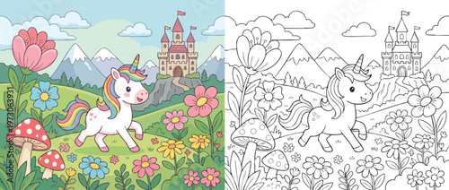 Cute Unicorn in a Magical Fantasy Landscape with Flowers and Castle.