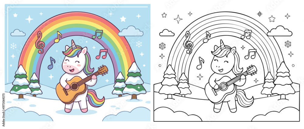 Fototapeta premium Cute Unicorn Playing Guitar with Musical Notes and Rainbow.